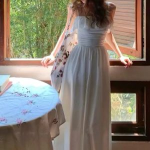 Elegant White Spaghetti Strap Ruffle A-Line Dress for Women - Casual Korean Y2K Fashion Party Outfit