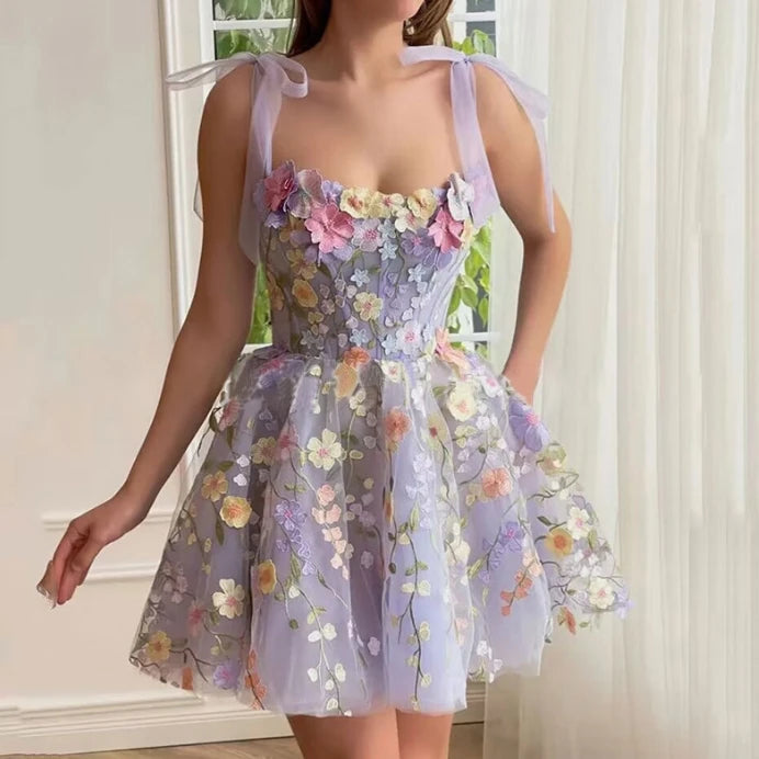 Elegant Women's Sleeveless Mini Dress with 3D Flower Embroidery - Y2K Aesthetic Sling Dress