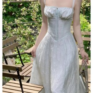 Elegant Y2K A-Line Midi Dress with Spaghetti Straps, Lace-Up Corset, and Retro Jacquard Design