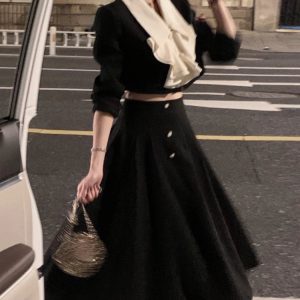 Elegant Y2K-Inspired 2-Piece Dress Set: Long Sleeve Crop Top & Casual Black Midi Skirt