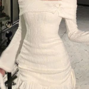 Elegant Y2K Mini Dress for Women - Slim Bodycon Long Sleeve with Fur Detail, Spring 2024 Fashion