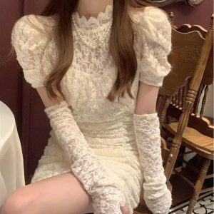 Elegant Y2K Mini Dress with Lace Design, Puffer Sleeves - Chic Bodycon Party Dress