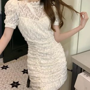 Elegant Y2K Mini Dress with Lace Design, Puffer Sleeves - Chic Bodycon Party Dress