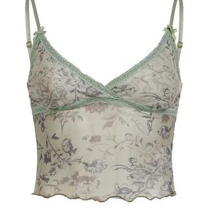 Elina Y2K Floral Print Mesh Crop Top - Cute Coquette Aesthetic for Trendy Outfits