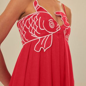 Embroidered Fish Spaghetti Strap Midi Dress - Y2K Aesthetic Cute Summer Outfit