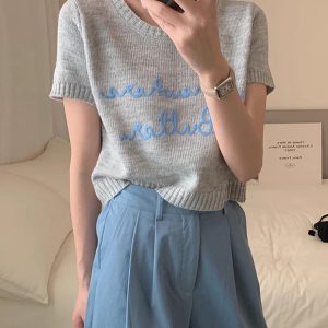 Embroidered Letter Print Y2K Aesthetic Knitting T-Shirt for Trendy Outfits