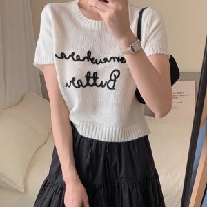 Embroidered Letter Print Y2K Aesthetic Knitting T-Shirt for Trendy Outfits