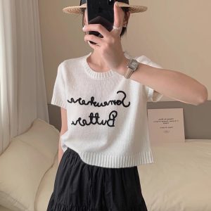 Embroidered Letter Print Y2K Aesthetic Knitting T-Shirt for Trendy Outfits