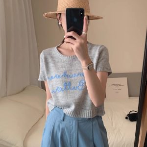 Embroidered Letter Print Y2K Aesthetic Knitting T-Shirt for Trendy Outfits