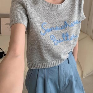 Embroidered Letter Print Y2K Aesthetic Knitting T-Shirt for Trendy Outfits