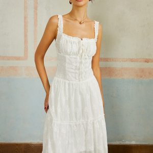 Embroidered Ruffled Hem Sleeveless Maxi Dress for Y2K Fashion and Coquette Aesthetic