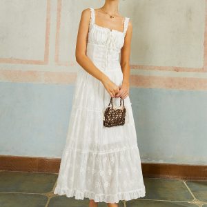 Embroidered Ruffled Hem Sleeveless Maxi Dress for Y2K Fashion and Coquette Aesthetic