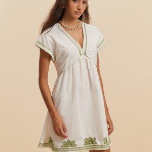 Embroidered V-Neck Cap Sleeve Dress - Y2K Aesthetic Cute Dress for Stylish Outfits