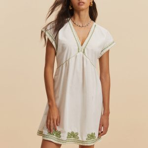 Embroidered V-Neck Cap Sleeve Dress - Y2K Aesthetic Cute Dress for Stylish Outfits