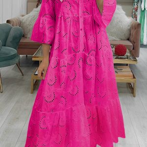 Embroidered V-Neck Cotton Dress with Flared Sleeves for Y2K and Coquette Aesthetic