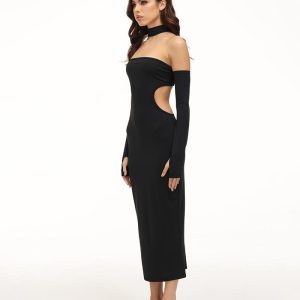 Eventide Horizon Y2K Tube Halter Dress with Gloves - Chic Coquette Aesthetic Outfit