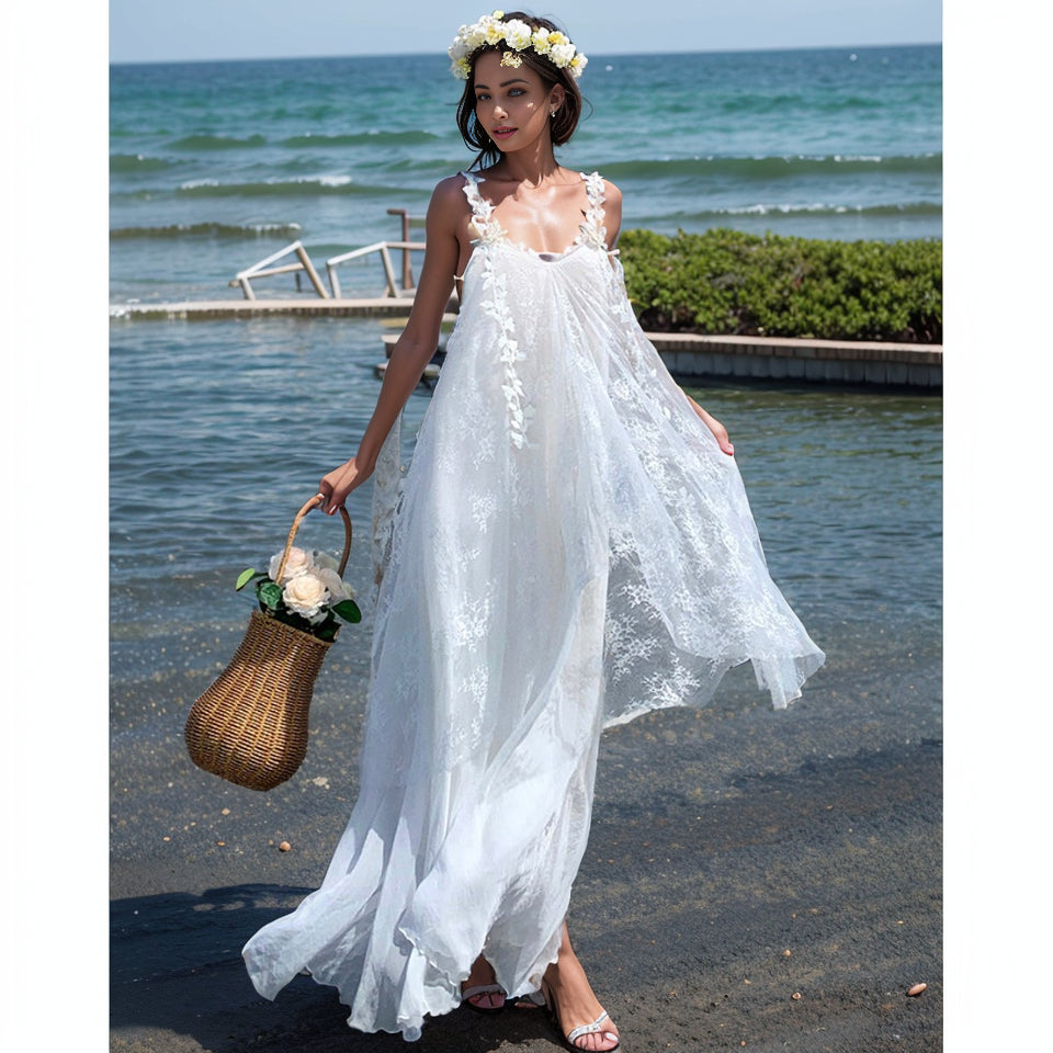 Fairy Aesthetic White Mesh Beach Dress for Seaside Holidays - Y2K Fashion Vibes