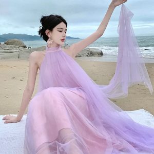 Fairy Mesh Halter Dress - Y2K Aesthetic Morning Gown for Enchanting Bridal Looks