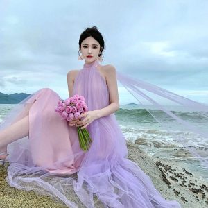 Fairy Mesh Halter Dress - Y2K Aesthetic Morning Gown for Enchanting Bridal Looks