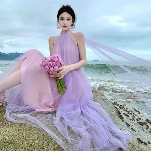 Fairy Mesh Halter Dress - Y2K Aesthetic Morning Gown for Enchanting Bridal Looks