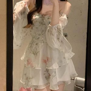 Fairycore Floral Chiffon Dress with Ruffles and Square Collar for Spring/Summer Parties