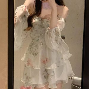 Fairycore Floral Chiffon Dress with Ruffles and Square Collar for Spring/Summer Parties