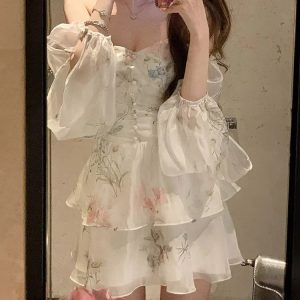 Fairycore Floral Chiffon Dress with Ruffles and Square Collar for Spring/Summer Parties