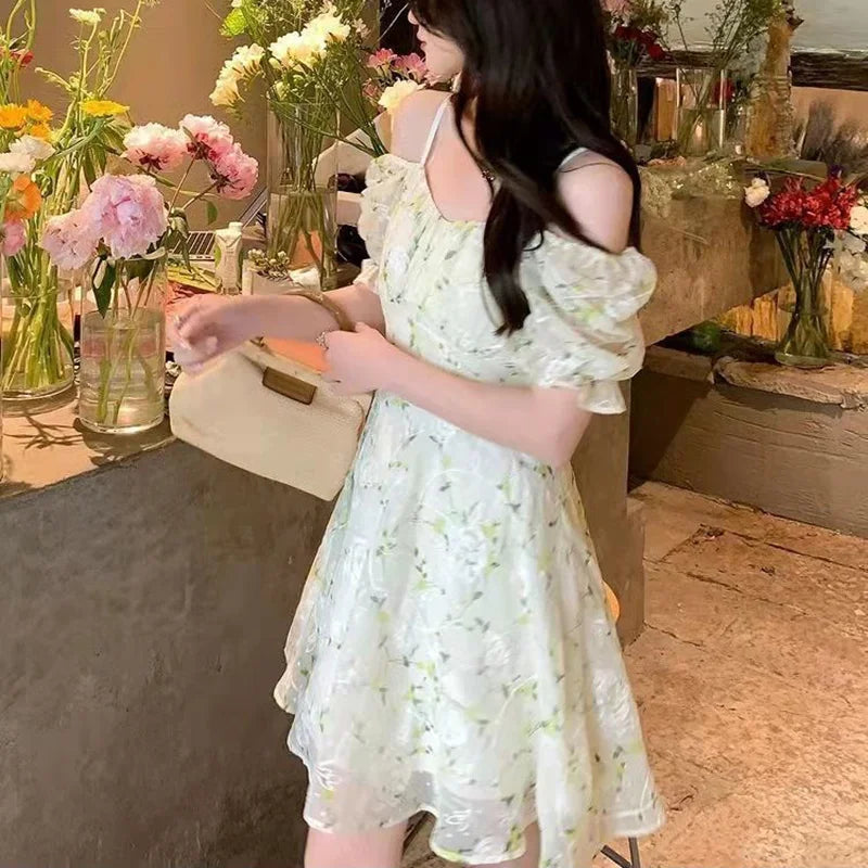 Fairycore Floral Embroidery Mini Dress with Puff Sleeves - Light Green Summer Aesthetic Dress