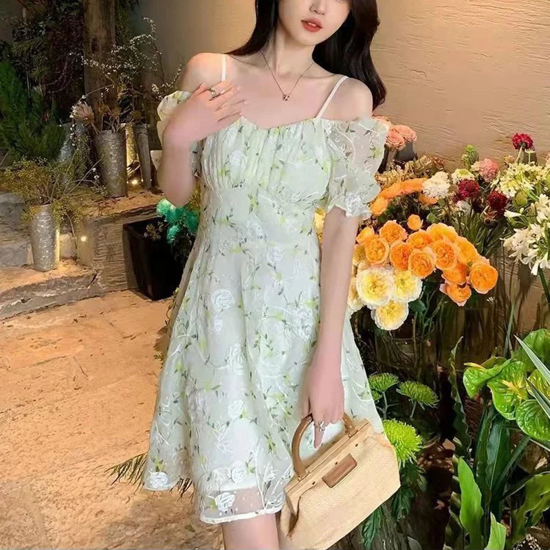 Fairycore Floral Embroidery Mini Dress with Puff Sleeves - Light Green Summer Aesthetic Dress