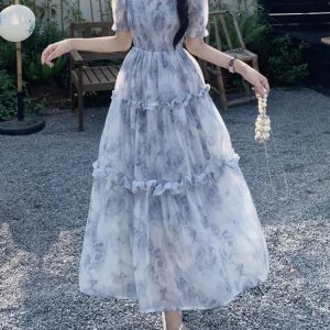 Fairycore Floral Long Evening Dress for Women - Korean Puff Sleeve Graduation & Prom Dress