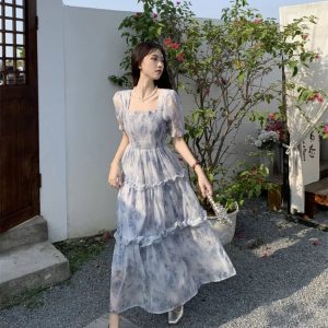 Fairycore Floral Long Evening Dress for Women - Korean Puff Sleeve Graduation & Prom Dress