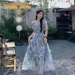 Fairycore Floral Long Evening Dress for Women - Korean Puff Sleeve Graduation & Prom Dress