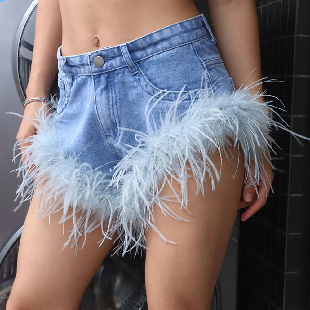 Feather Tassel Jean Shorts for Women - Summer Slim Fit Street Fashion Hot Girl Bottoms 2023