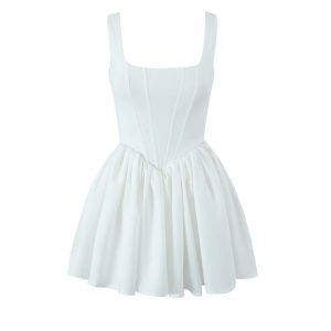 Fishbone Waist-Cinched Y2K Aesthetic White Mini Dress for Cute Coquette Style