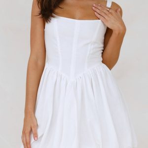 Fishbone Waist-Cinched Y2K Aesthetic White Mini Dress for Cute Coquette Style