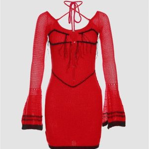 Flare Sleeve Knitted Fringed Dress - Y2K Aesthetic Fashion for Trendy Outfits