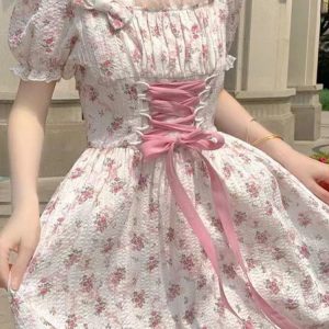 Floral A-line Dress with Lace-up Puff Sleeves - Sweet Princess French Aesthetic Summer Fashion