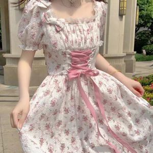 Floral A-line Dress with Lace-up Puff Sleeves - Sweet Princess French Aesthetic Summer Fashion