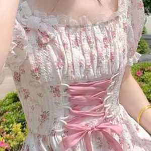 Floral A-line Dress with Lace-up Puff Sleeves - Sweet Princess French Aesthetic Summer Fashion