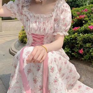 Floral A-line Dress with Lace-up Puff Sleeves - Sweet Princess French Aesthetic Summer Fashion