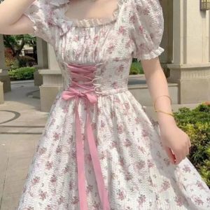 Floral A-line Dress with Lace-up Puff Sleeves - Sweet Princess French Aesthetic Summer Fashion