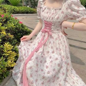 Floral A-line Dress with Lace-up Puff Sleeves - Sweet Princess French Aesthetic Summer Fashion