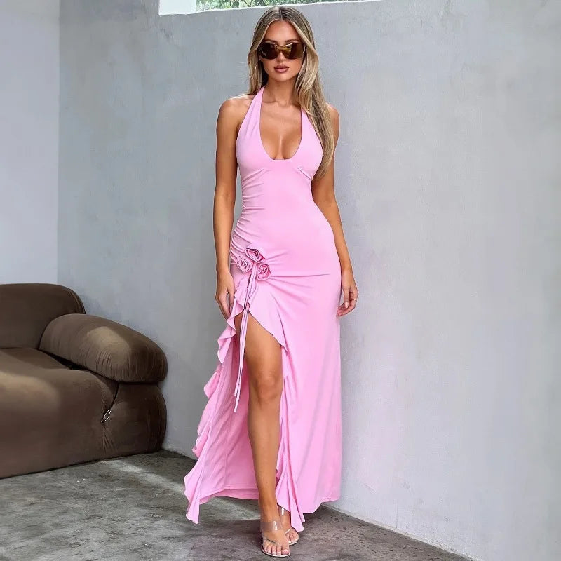 Floral Applique Deep V Neck Halter Maxi Dress with Ruffle Split - Backless Birthday Party Dress