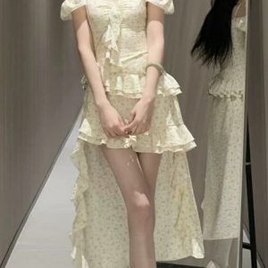 Floral Asymmetrical Ruffle Midi Dress - Vintage Korean Streetwear for Spring/Summer 2024