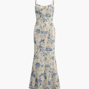 Floral Backless Lace-Up Maxi Dress for Y2K Aesthetic and Coquette Style