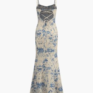 Floral Backless Lace-Up Maxi Dress for Y2K Aesthetic and Coquette Style