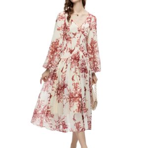 Floral Beaded High Waist A-Line Midi Dress - Vintage Chic Lantern Sleeve Party Dress