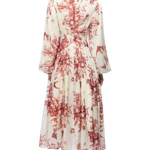 Floral Beaded High Waist A-Line Midi Dress - Vintage Chic Lantern Sleeve Party Dress