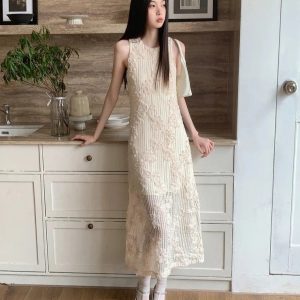 Floral Beige Crochet Sleeveless A-Line Midi Dress for Women - Luxury Y2K Summer Party Style