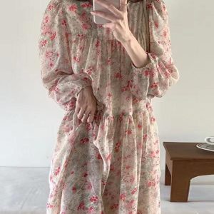 Floral Chiffon Long Sleeve Dress - Y2K Aesthetic Cute Dress for Coquette Style Outfits